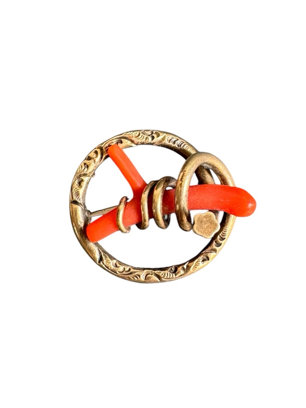 Vintage Coral Lovers Knot Brooch 14K Gold Filled Antique Victorian Pin Dainty